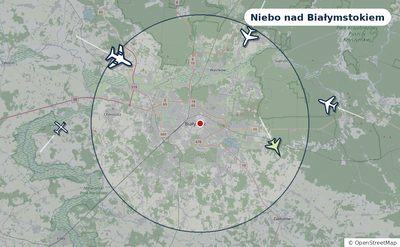 Mapa okolic miasta z sylwetkami samolotów — Niebo nad Białymstokiem na żywo