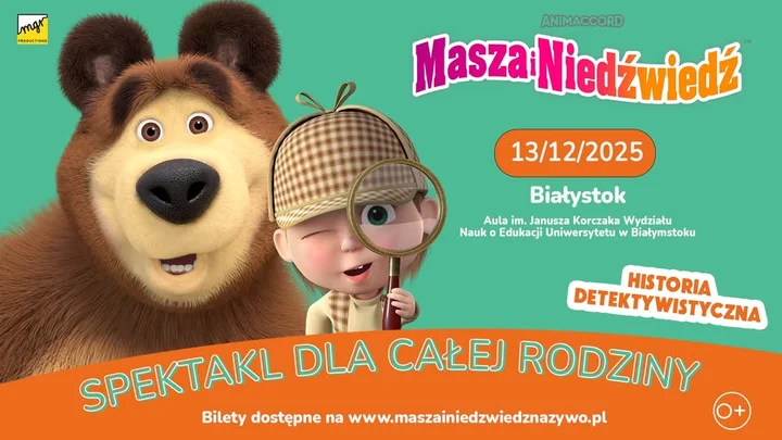 Grafika promocyjna wydarzenia Masza i Niedźwiedź — historia detektywistyczna w Białymstoku (13 grudnia 2025)