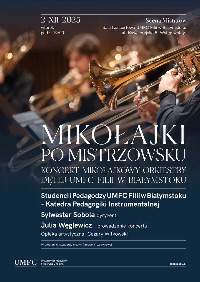 Grafika promocyjna wydarzenia Mikołajki po mistrzowsku — koncert Orkiestry Dętej UMFC w Białymstoku