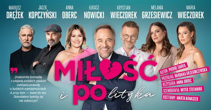 Obrazek przedstawia grafikę promocyjną wydarzenia Komedia o miłości, pieniądzach i polityce w Białymstoku