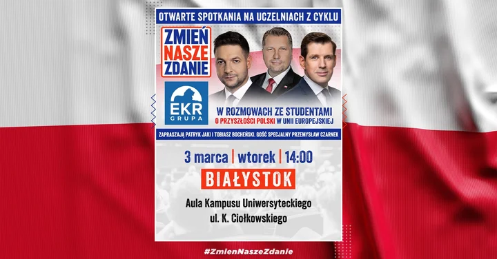 Grafika promocyjna wydarzenia #zmiennaszezdanie — otwarte spotkanie na uczelniach w Białymstoku