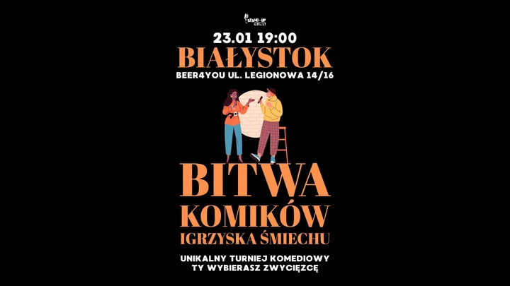 Grafika promocyjna wydarzenia Bitwa Komików w Białymstoku — 23 stycznia w B4 / Beer4u