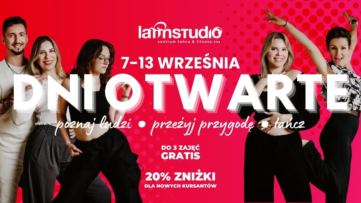 Grafika promocyjna wydarzenia DNI OTWARTE LATIN STUDIO – darmowe zajęcia taneczne