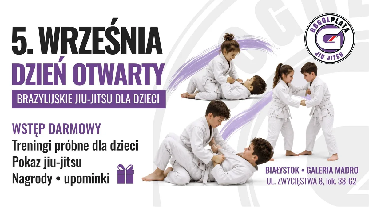 Grafika promocyjna wydarzenia Dzień Otwarty – brazylijskie jiu-jitsu dla dzieci i młodzieży Białystok: treningi próbne