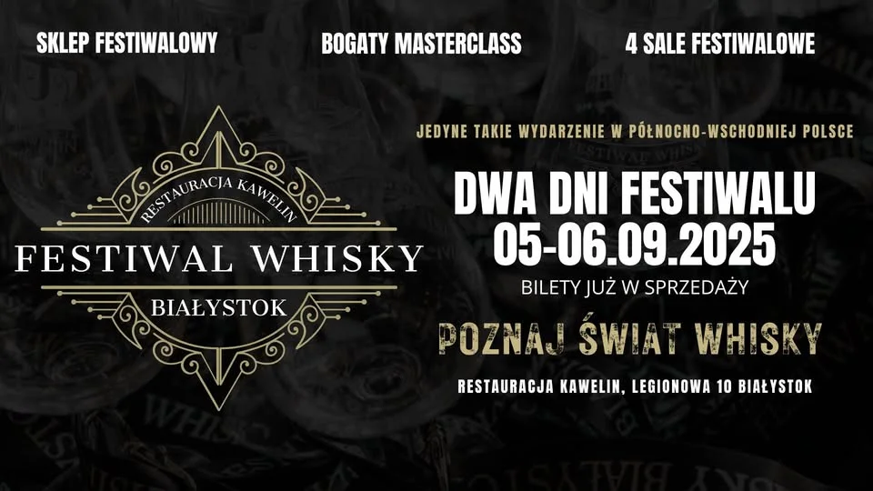 Obrazek przedstawia grafikę promocyjną wydarzenia Festiwal whisky w Białymstoku – wydarzenie dla miłośników trunku