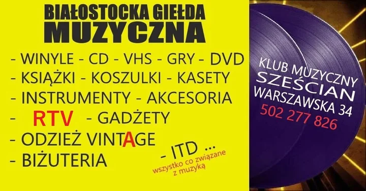 Grafika promocyjna wydarzenia MUZYCZNA GIEŁDA BIAŁYSTOK i Klub Sześcian — giełda winyli, gadżetów i vintage