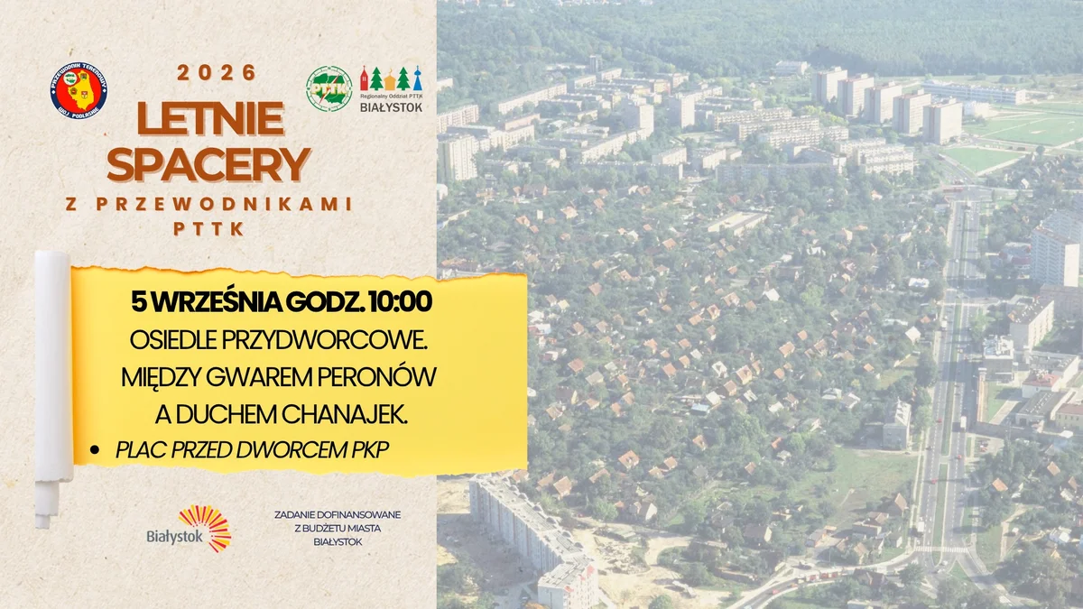 Grafika promocyjna wydarzenia Osiedle Przydworcowe. Między gwarem peronów a duchem Chanajek – letni spacer