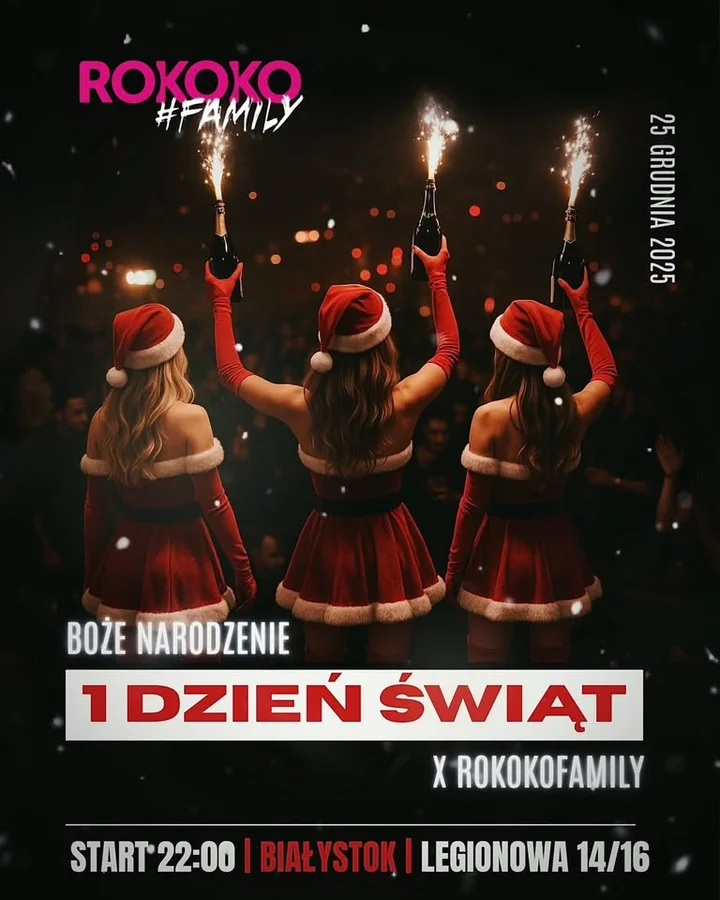 Grafika promocyjna wydarzenia PIERWSZY DZIEŃ ŚWIĄT | ROKOKO 2.0 Białystok — 25 grudnia