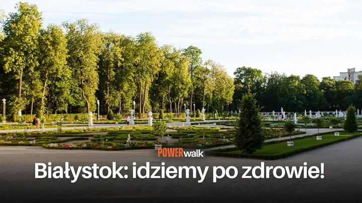 Obrazek przedstawia grafikę promocyjną wydarzenia Power Walk Białystok — niedzielny spacer dla zdrowia i towarzystwa