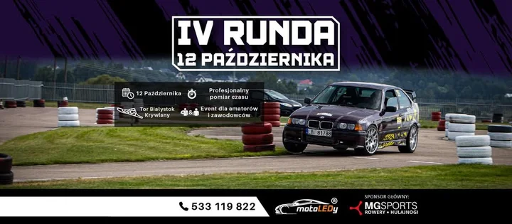 Obrazek przedstawia grafikę promocyjną wydarzenia IV runda Pucharu Toru Białystok — zapowiedź wyścigów na torze w Białymstoku