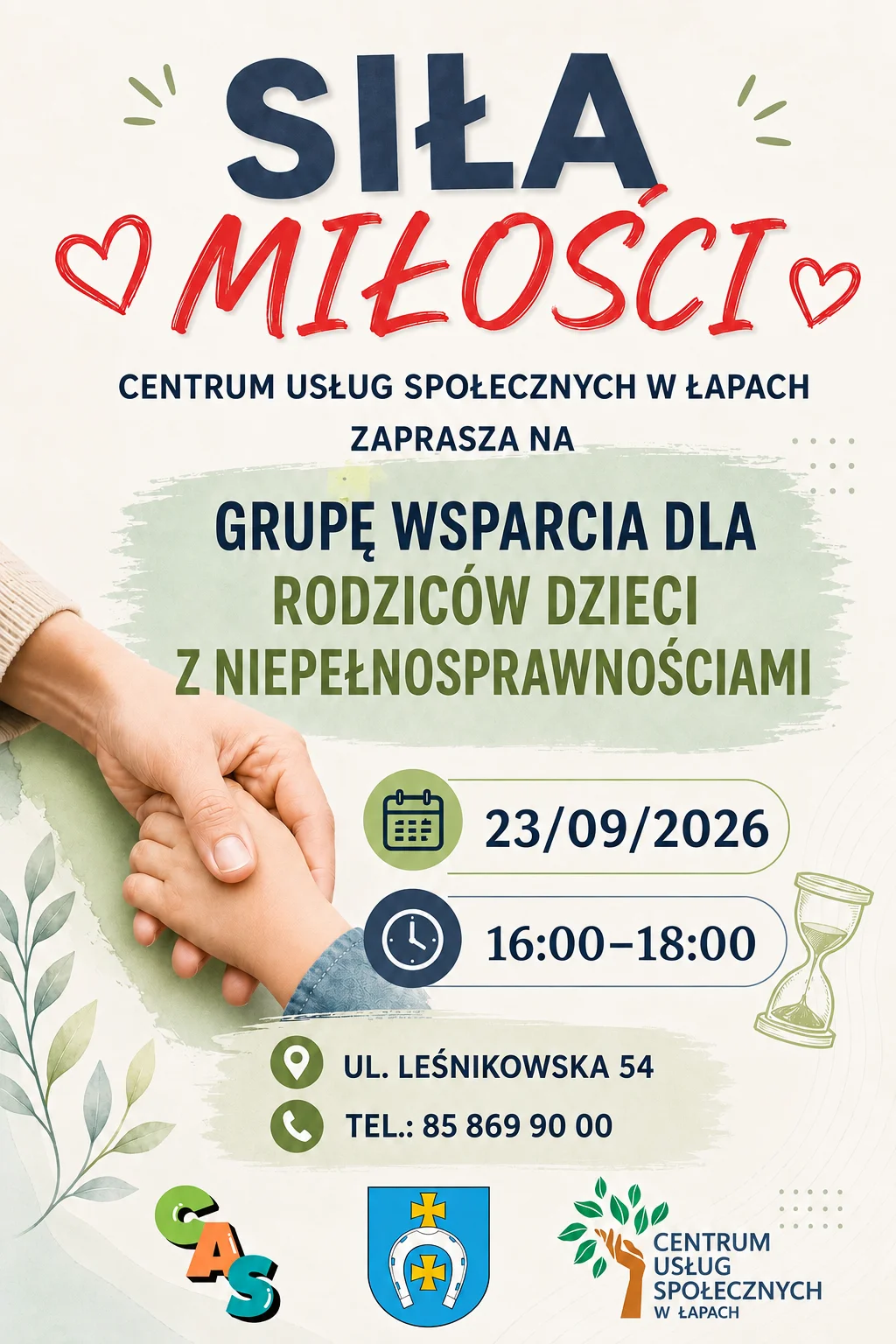 Grafika promocyjna wydarzenia „Siła miłości” – grupa wsparcia dla rodziców dzieci z niepełnosprawnościami