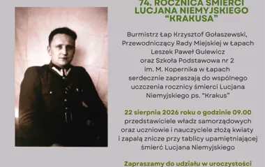 Grafika promocyjna wydarzenia 74. rocznica śmierci Lucjana Niemyjskiego ps. „Krakus”