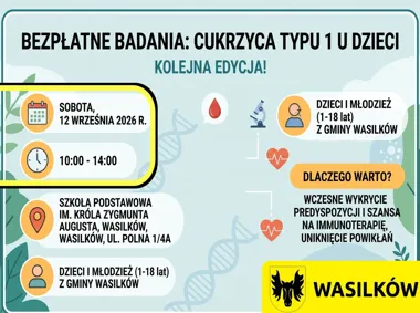 Grafika promocyjna wydarzenia Bezpłatne badania w kierunku cukrzycy typu 1 u dzieci w Wasilkowie