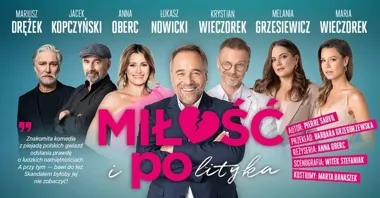 Obrazek przedstawia grafikę promocyjną wydarzenia Komedia „Miłość i polityka” w Operze i Filharmonii Podlaskiej