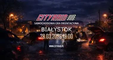 Grafika promocyjna wydarzenia CITYRAID Białystok — samochodowa gra orientacyjna po mieście