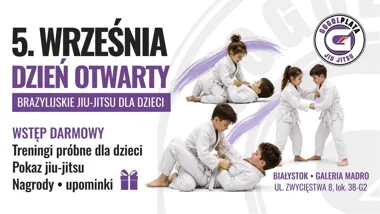 Grafika promocyjna wydarzenia Dzień Otwarty – brazylijskie jiu-jitsu dla dzieci i młodzieży Białystok: treningi próbne