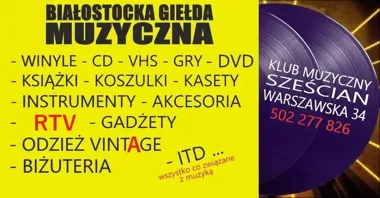 Grafika promocyjna wydarzenia MUZYCZNA GIEŁDA BIAŁYSTOK i Klub Sześcian — giełda winyli, gadżetów i vintage