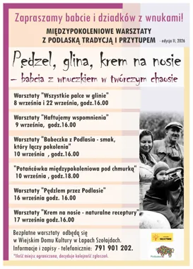 Grafika promocyjna wydarzenia Pędzel, glina, krem na nosie – babcia z wnuczkiem w twórczym chaosie. Międzypokoleniowe warsztaty z podlaską tradycją i przytupem – edycja II