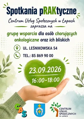 Grafika promocyjna wydarzenia „Spotkania pRAKtyczne” – kolejne spotkanie grupy wsparcia dla osób chorujących onkologicznie i ich bliskich