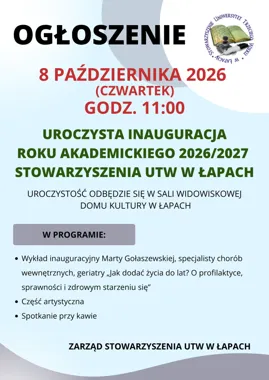 Grafika promocyjna wydarzenia Uroczysta inauguracja nowego roku akademickiego UTW w Łapach