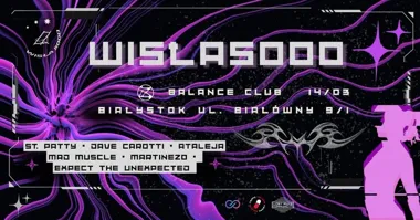 Grafika promocyjna wydarzenia WISŁA5000 w Balance Klub Białystok — industrialne hard techno na żywo