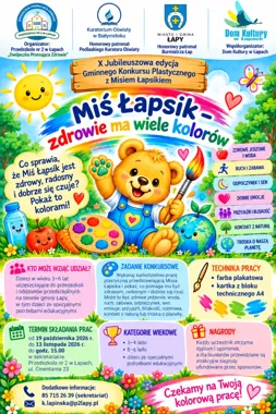 Grafika promocyjna wydarzenia Finał konkursu plastycznego „Miś Łapsik” w Łapach