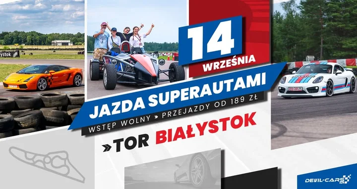 Obrazek przedstawia grafikę promocyjną wydarzenia Jazdy superautami na Torze Wschodzącym Białystok