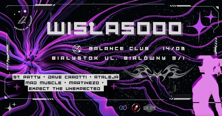Grafika promocyjna wydarzenia WISŁA5000 w Balance Klub Białystok — industrialne hard techno na żywo