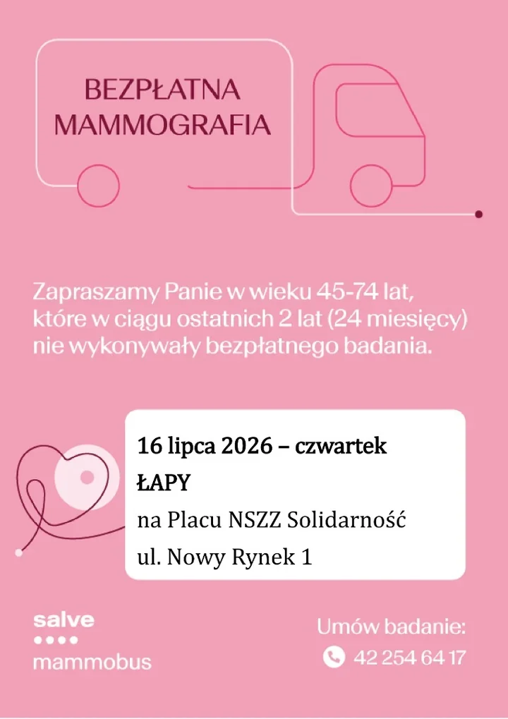 Bezpłatna mammografia wraca do Łap dla kobiet 45–74 lat