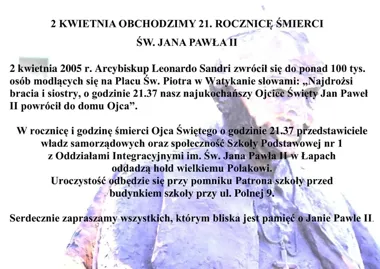 Łapy zatrzymają się na 21.37 przy pomniku patrona szkoły