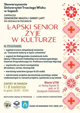 Łapscy seniorzy dostają zaproszenie do projektu, który stawia kulturę w centrum