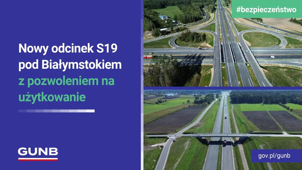 Grafika informacyjna GUNB z dwoma zdjęciami lotniczymi nowego odcinka drogi ekspresowej S19 z węzłem i wiaduktami pod Białymstokiem.