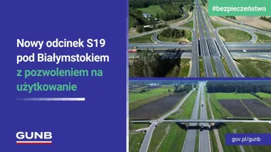 Grafika informacyjna GUNB z dwoma zdjęciami lotniczymi nowego odcinka drogi ekspresowej S19 z węzłem i wiaduktami pod Białymstokiem.