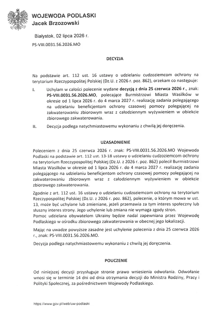 Wojewoda wycofał polecenie wobec Wasilkowa. Spór zakończony