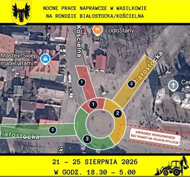 Nocne roboty na rondzie w Wasilkowie. Kierowców czekają zmiany